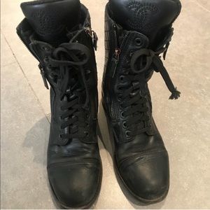 Black leather chanel quilted boots